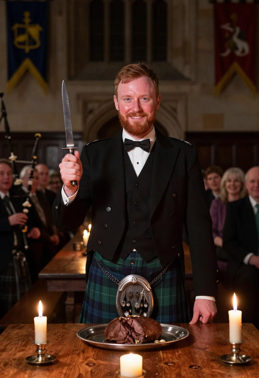 AI burns night sample — portrait of a man, in his late thirties with fair ruddy skin