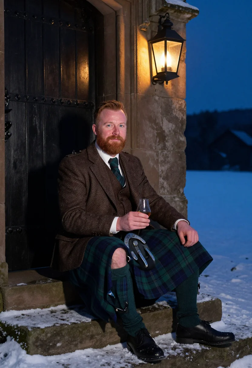 AI burns night sample — portrait of a man, in his late thirties with fair ruddy skin