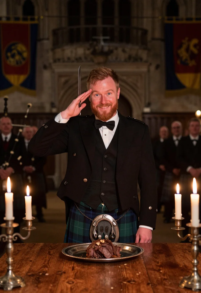 AI burns night sample — portrait of a man, in his late thirties with fair ruddy skin