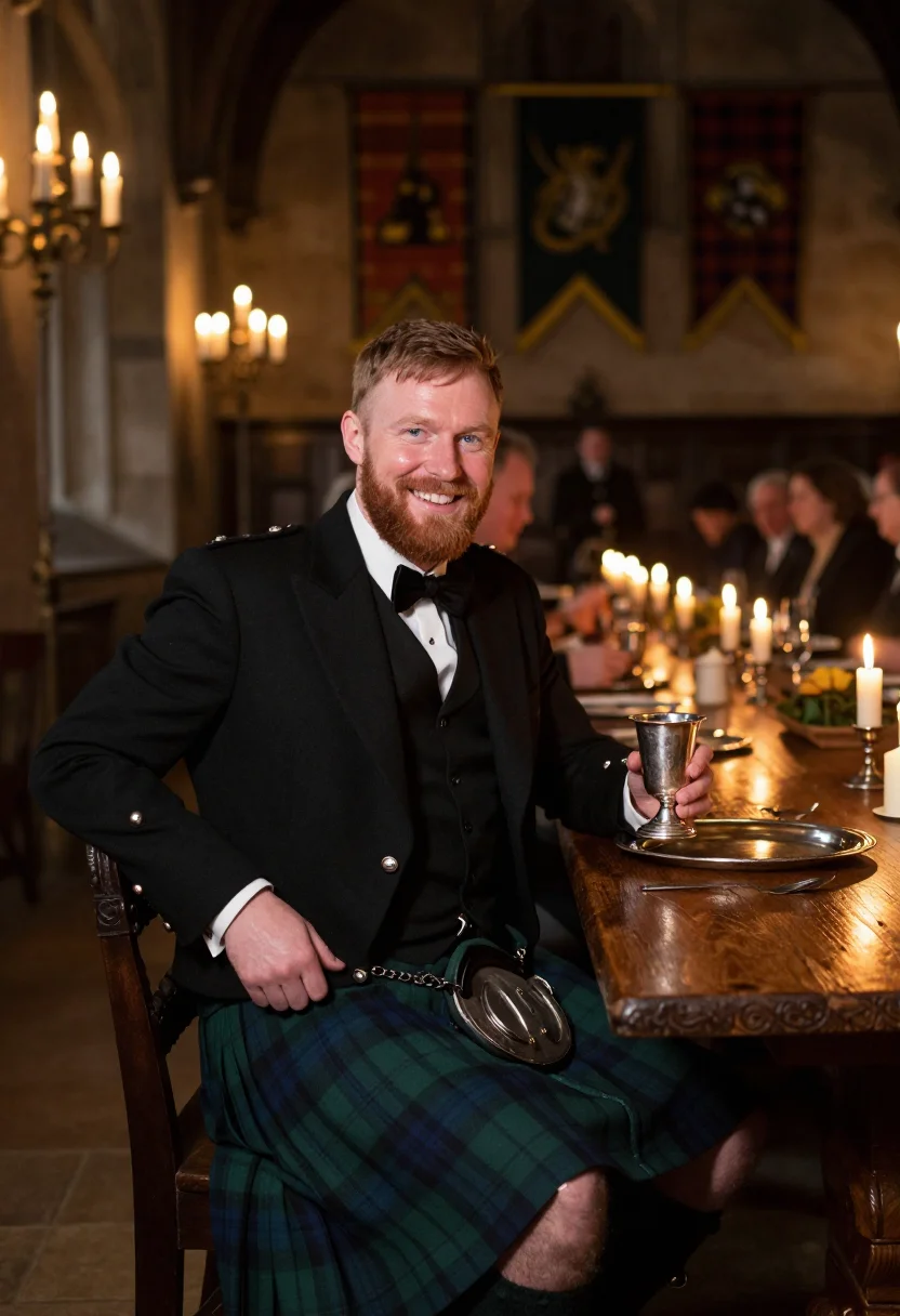 AI burns night sample — portrait of a man, in his late thirties with fair ruddy skin