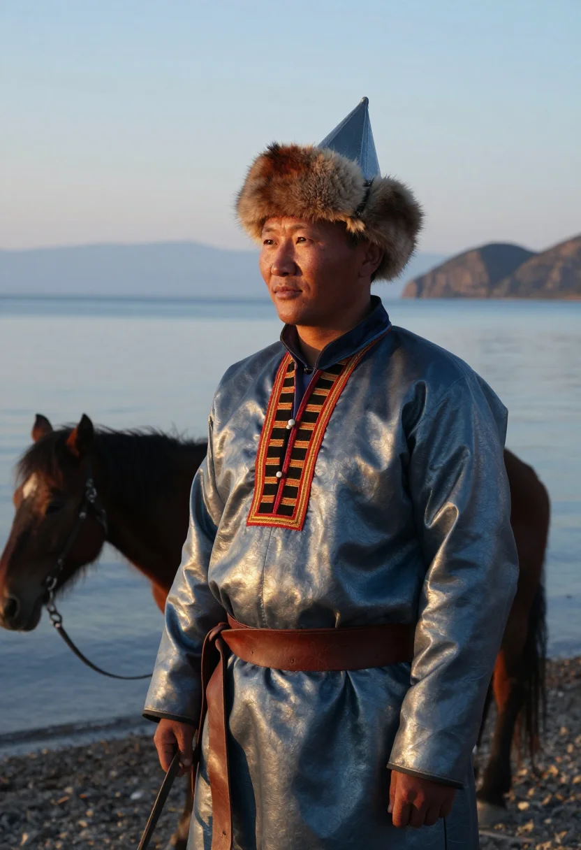 AI buryat degel men sample — candid half-length portrait of a Buryat man with warm sun-to