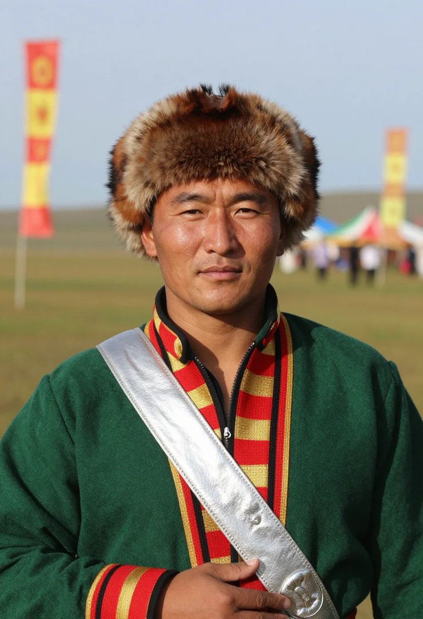 AI buryat degel men sample — candid bust-length portrait of a Buryat man with warm golden