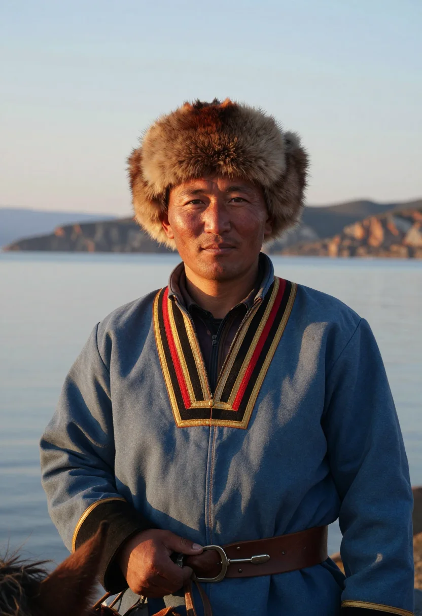 AI buryat degel men sample — candid bust-length portrait of a Buryat man with warm weathe