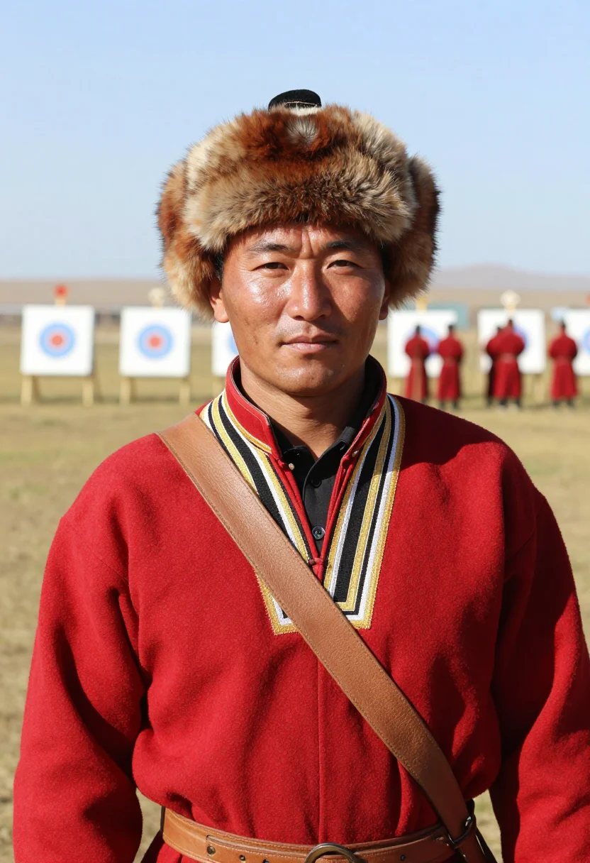 AI buryat degel men sample — candid bust-length portrait of a Buryat man with warm bronze
