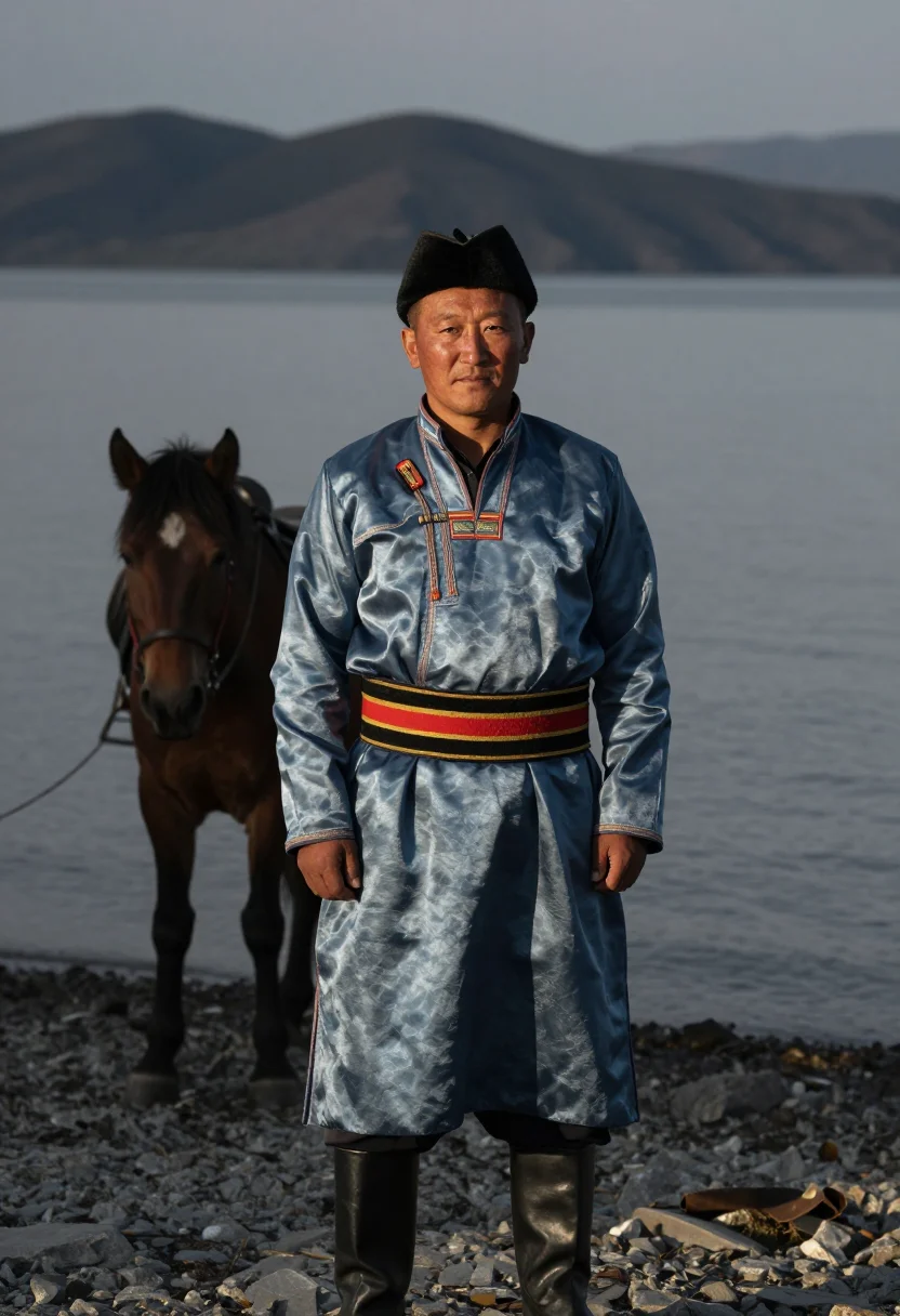 AI buryat degel men sample — candid three-quarter-length portrait of a Buryat man with wa