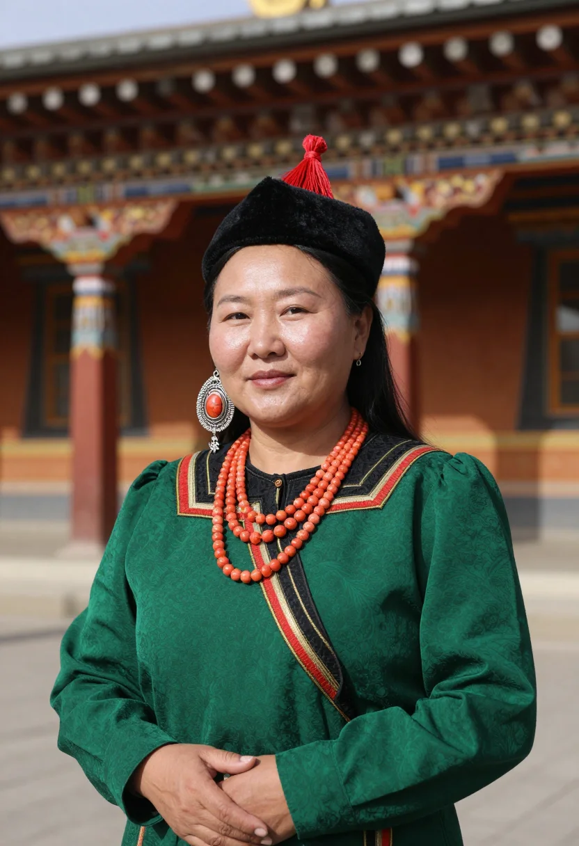 AI buryat degel sample — candid half-length portrait of a Buryat woman with warm sun-