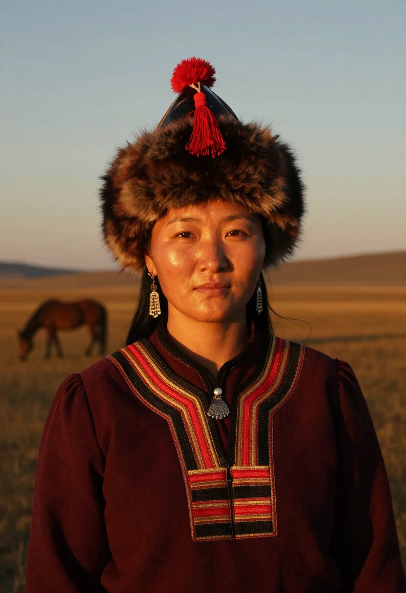 AI buryat degel sample — candid bust-length portrait of a Buryat woman with warm hone