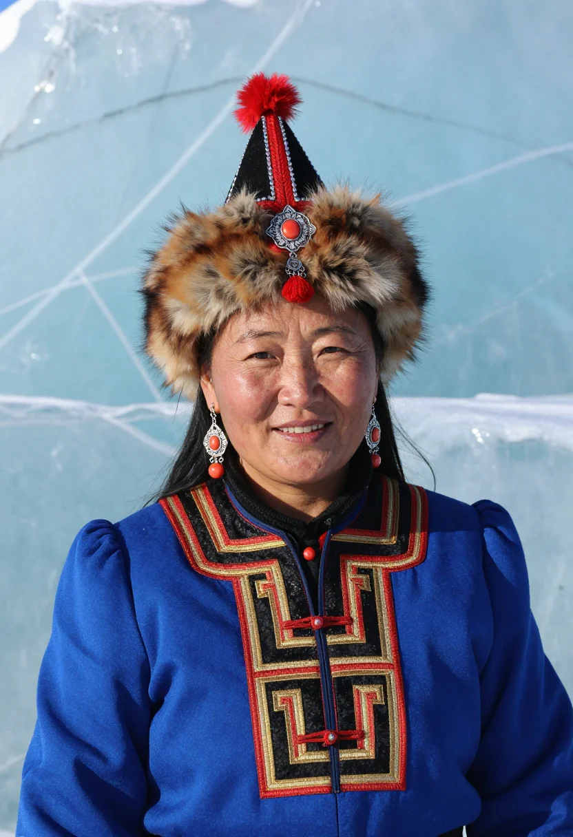 AI buryat degel sample — candid bust-length festival portrait of a Buryat woman with