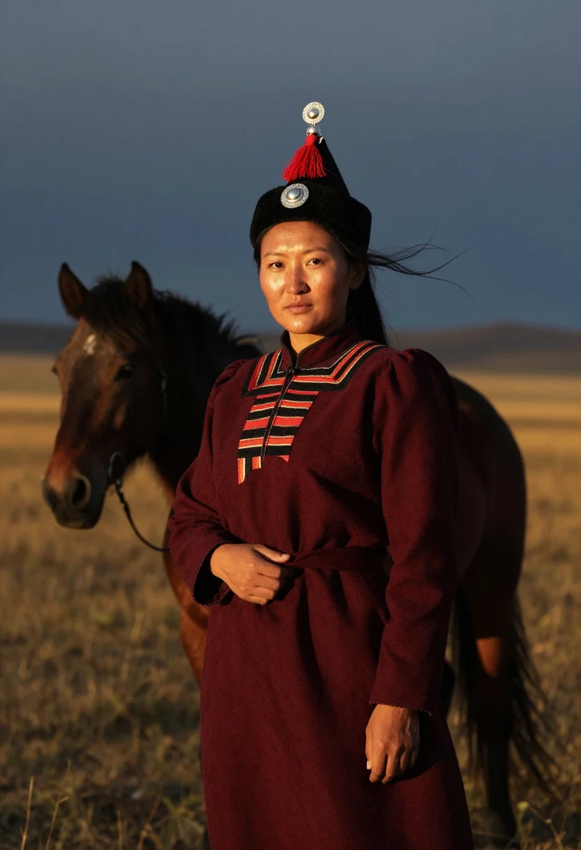 AI buryat degel sample — candid three-quarter-length portrait of a Buryat woman with