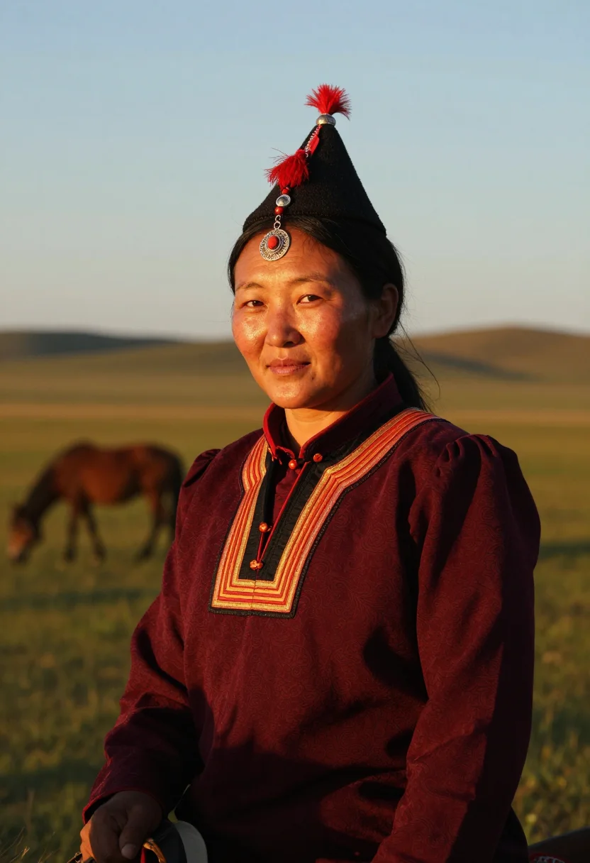 AI buryat degel sample — candid half-length portrait of a Buryat woman with warm sun-