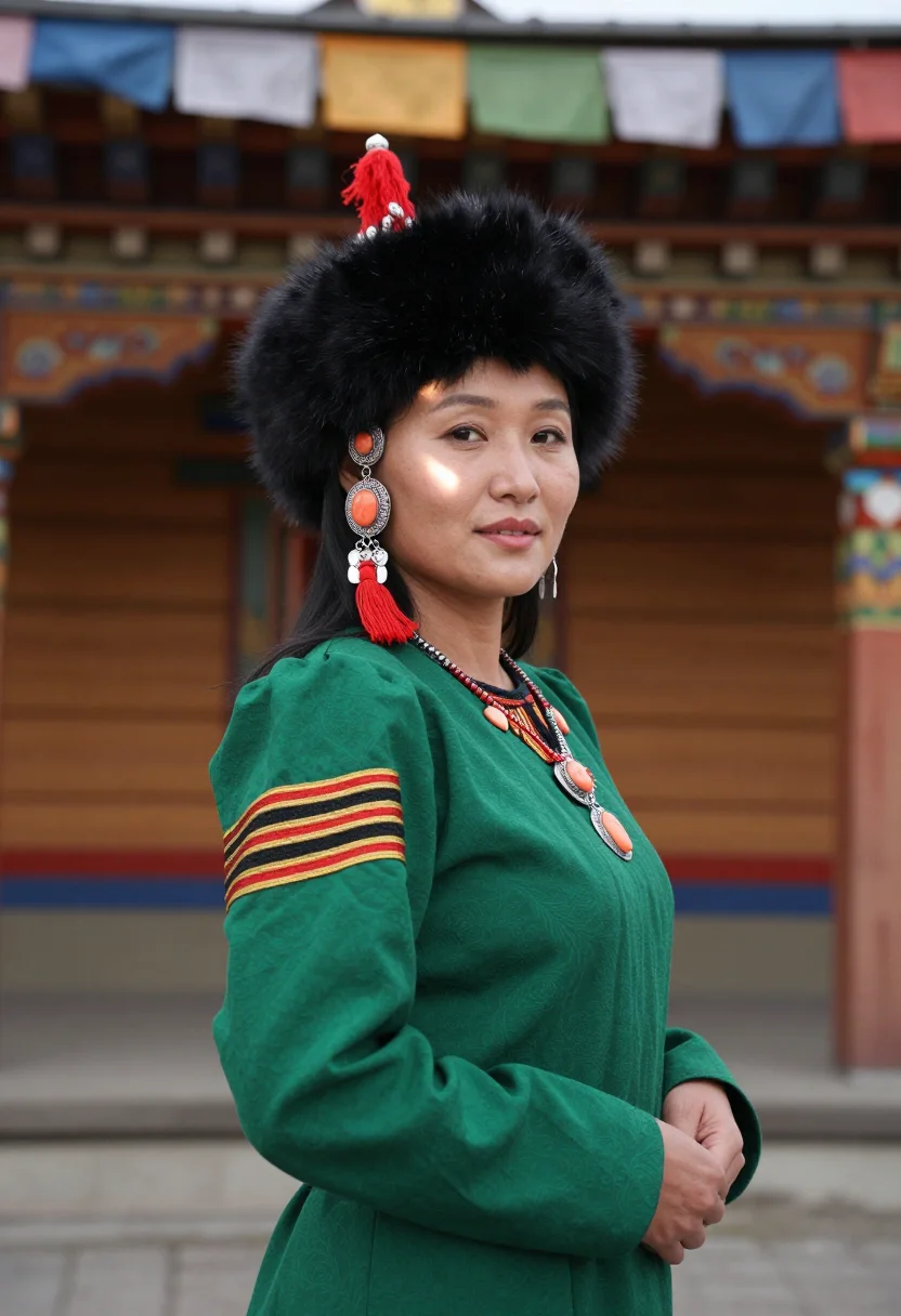 AI buryat degel sample — candid three-quarter-length portrait of a Buryat woman with
