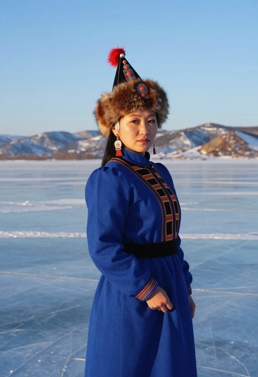 AI buryat degel sample — candid three-quarter-length festival portrait of a Buryat wo