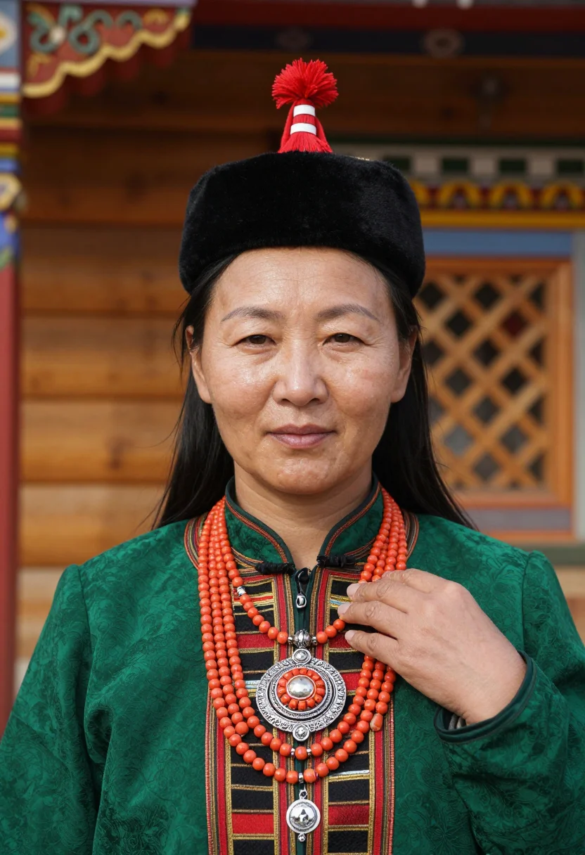AI buryat degel sample — candid bust-length portrait of a Buryat woman with warm gold