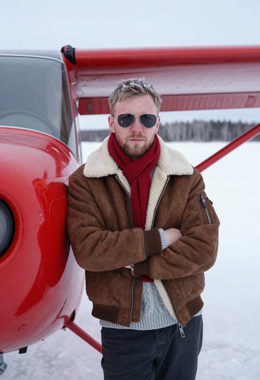 AI bush pilot lapland red sample — portrait of a man, three-quarter-length portrait of a Finnis