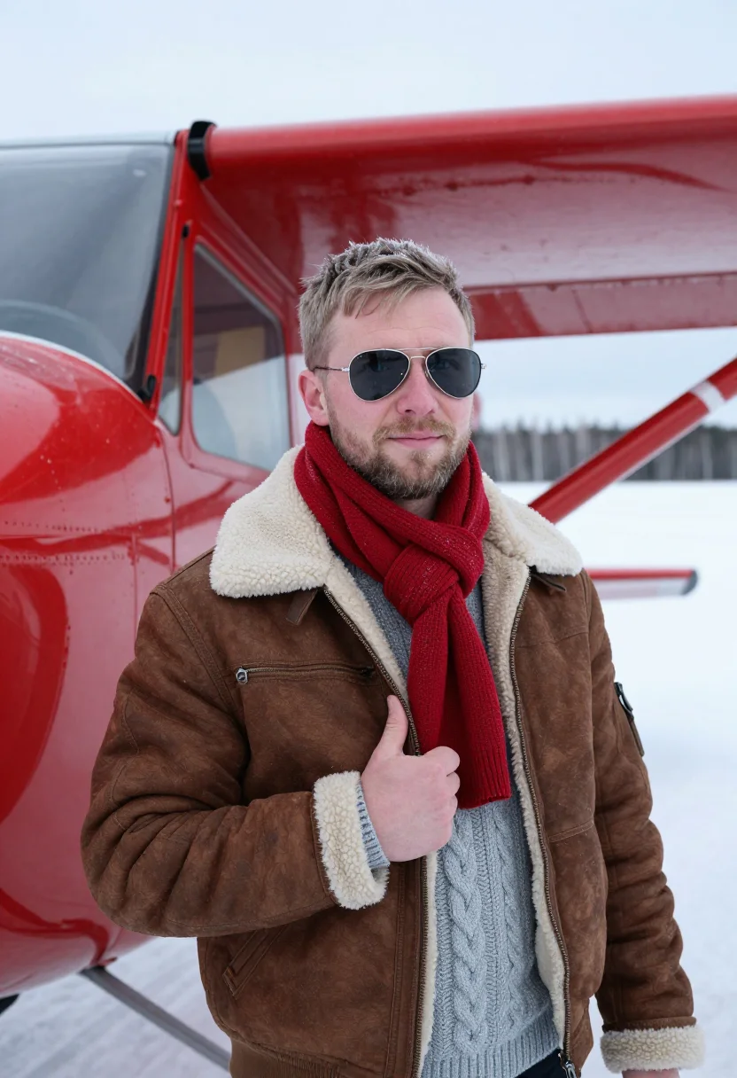 AI bush pilot lapland red sample — portrait of a man, chest-up portrait of a Finnish man in his
