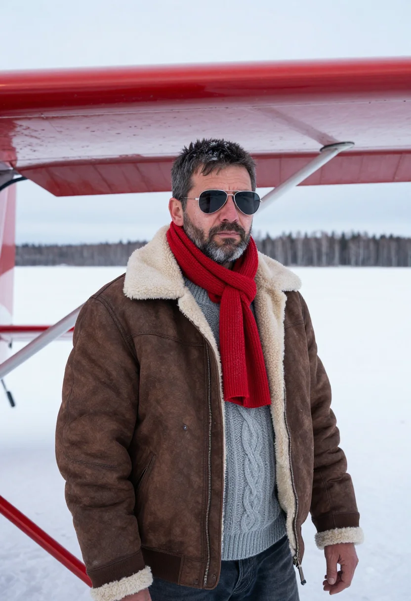 AI bush pilot lapland red sample — portrait of a man, half-length portrait of a Sámi man in his