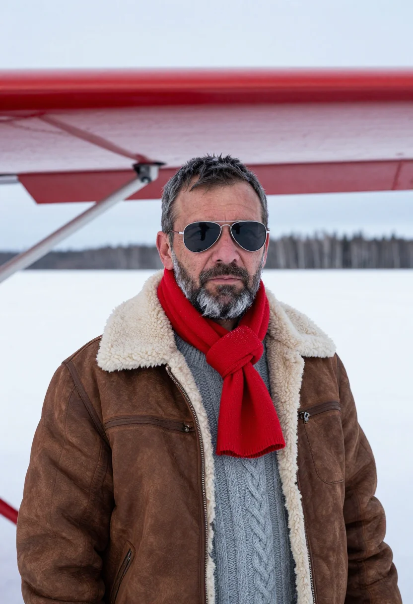 AI bush pilot lapland red sample — portrait of a man, head-and-shoulders portrait of a Sámi man