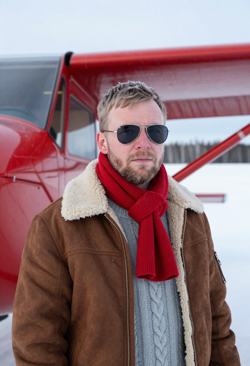 AI bush pilot lapland red sample — portrait of a man, head-and-shoulders portrait of a Finnish