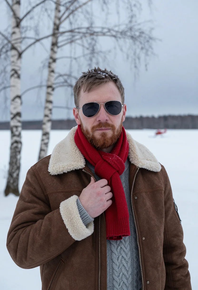 AI bush pilot lapland red sample — portrait of a man, chest-up portrait of a Norwegian man in h