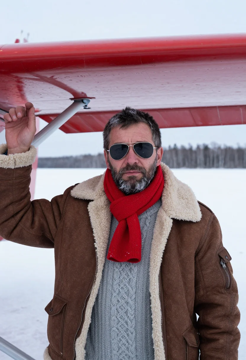 AI bush pilot lapland red sample — portrait of a man, chest-up portrait of a Sámi man in his ea