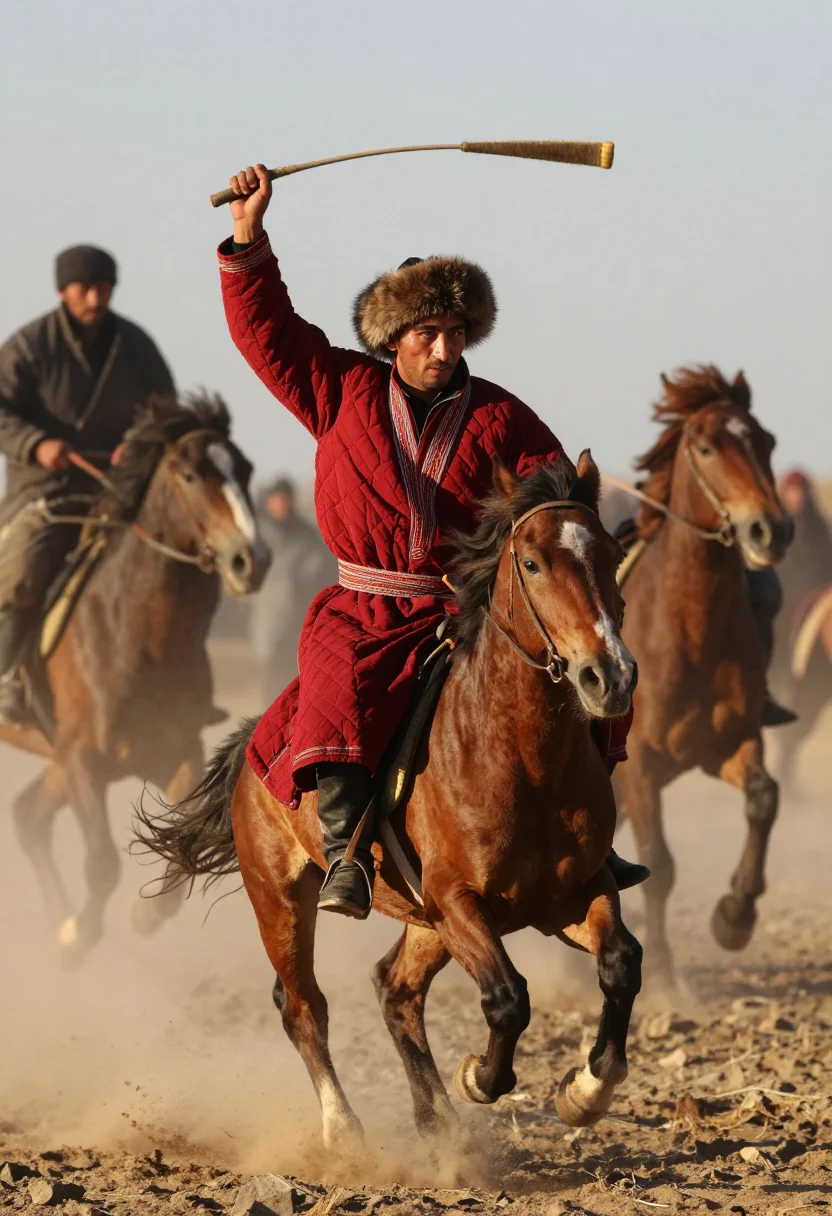 AI buzkashi chapandaz sample — candid mid-action portrait of a chapandaz at full gallop ins
