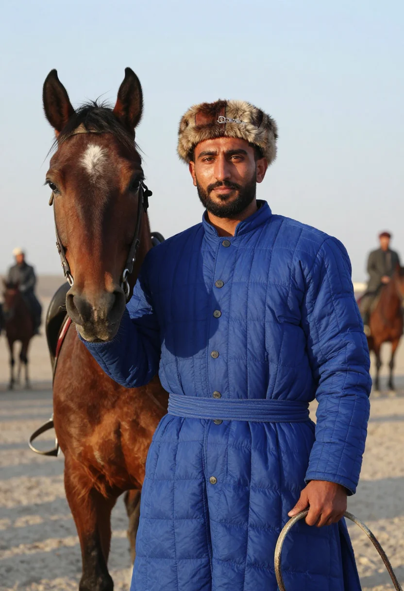 AI buzkashi chapandaz sample — heroic half-length portrait of a victorious chapandaz standi
