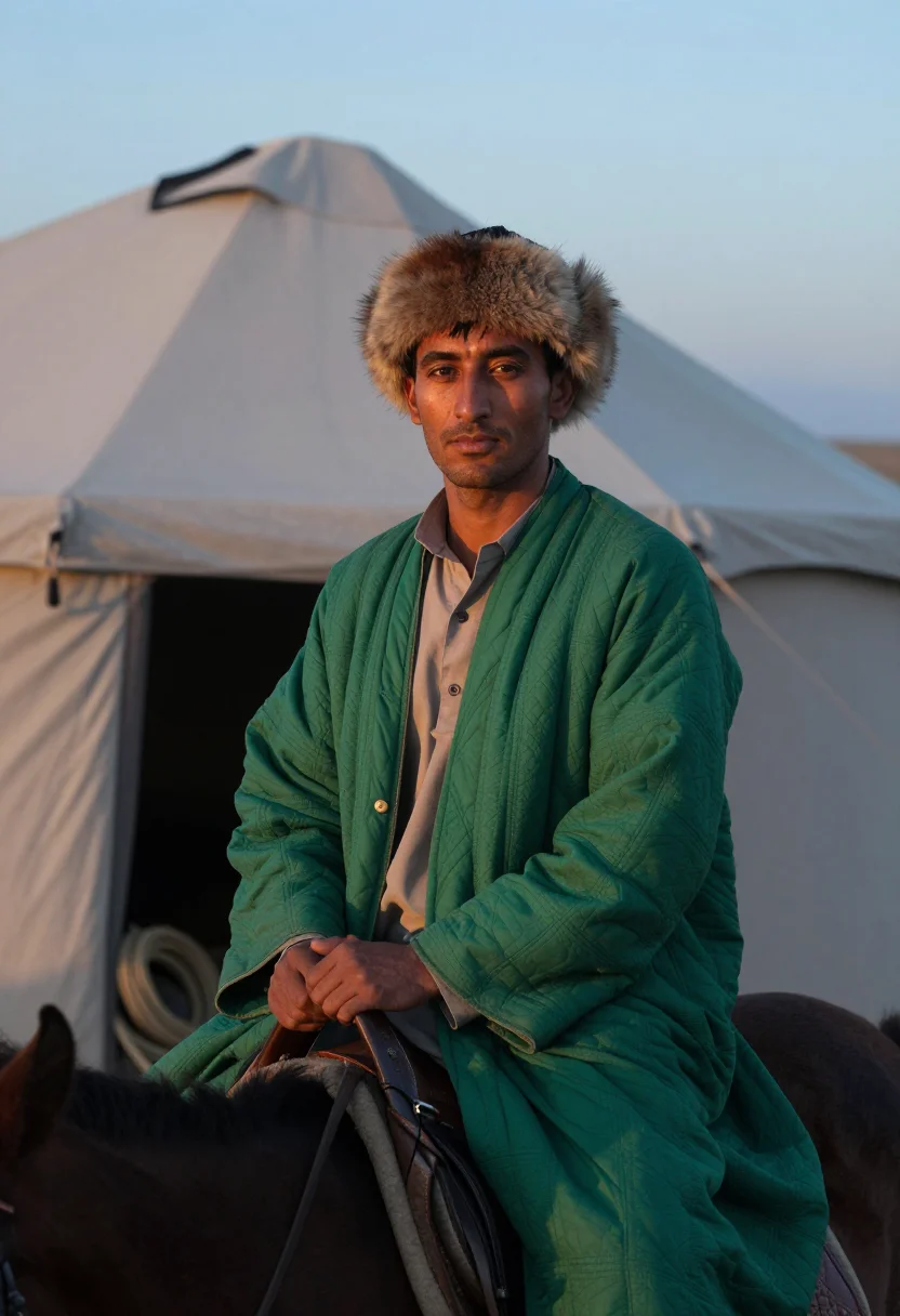 AI buzkashi chapandaz sample — quiet bust-length portrait of a chapandaz at dawn saddling t