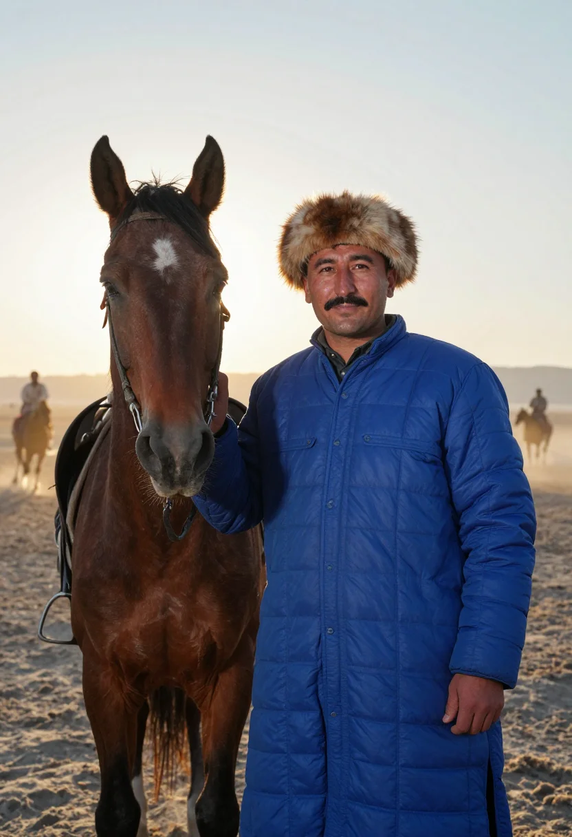 AI buzkashi chapandaz sample — three-quarter-length victor portrait of a chapandaz beside t