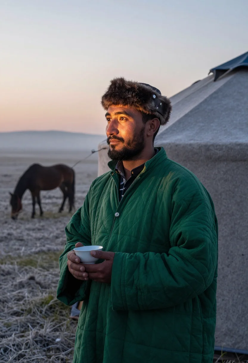 AI buzkashi chapandaz sample — quiet half-length portrait of a chapandaz at dawn beside a f