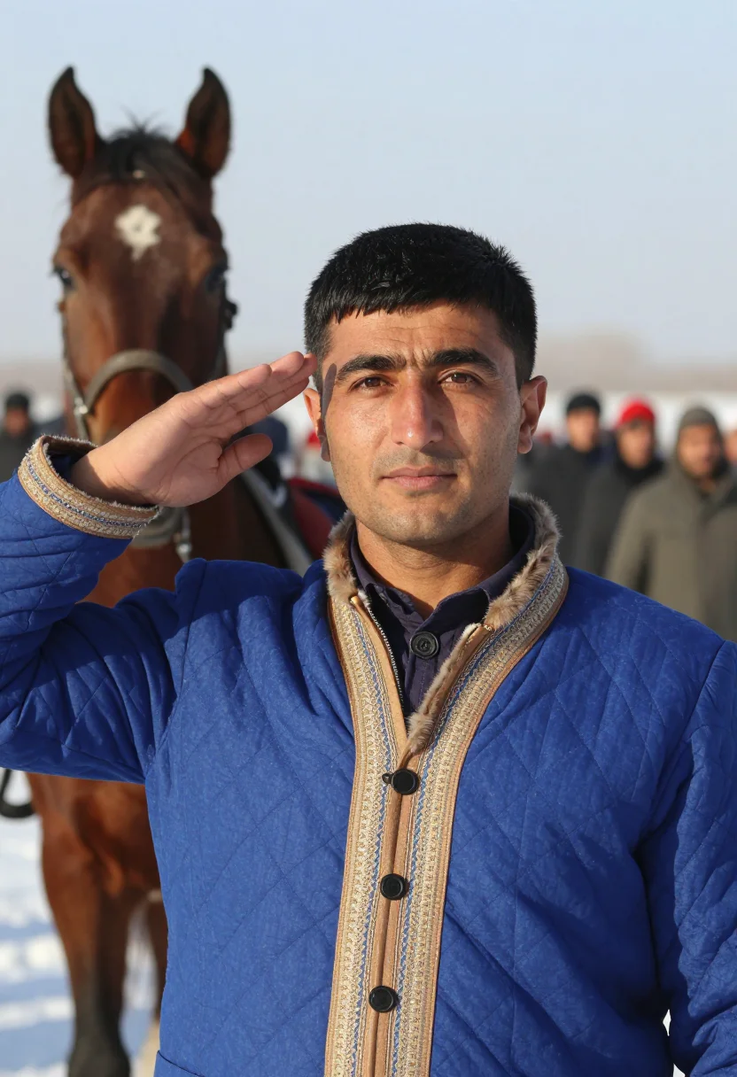 AI buzkashi chapandaz sample — heroic bust-length portrait of a victorious chapandaz, a Taj
