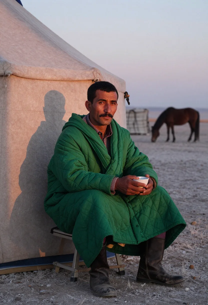 AI buzkashi chapandaz sample — quiet three-quarter-length portrait of a chapandaz seated on
