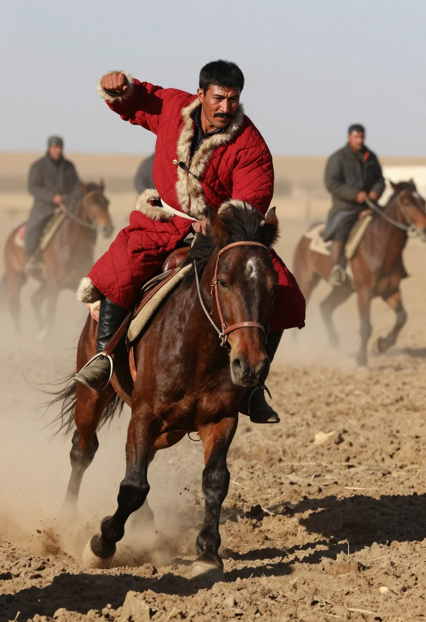 AI buzkashi chapandaz sample — candid mid-action portrait of a chapandaz swinging low out o