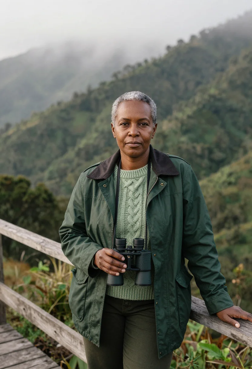 AI bwindi ecologist impenetrable forest green sample — portrait of a woman, an ecologist in her mid-fifties of Keny