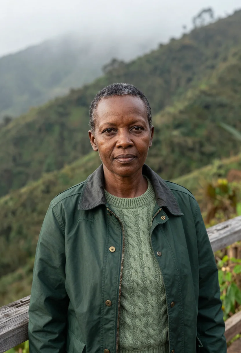 AI bwindi ecologist impenetrable forest green sample — portrait of a woman, an ecologist in her late forties of Uga