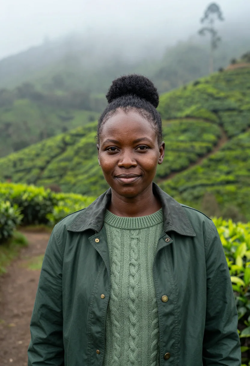 AI bwindi ecologist impenetrable forest green sample — portrait of a woman, an ecologist in her late thirties of Ba