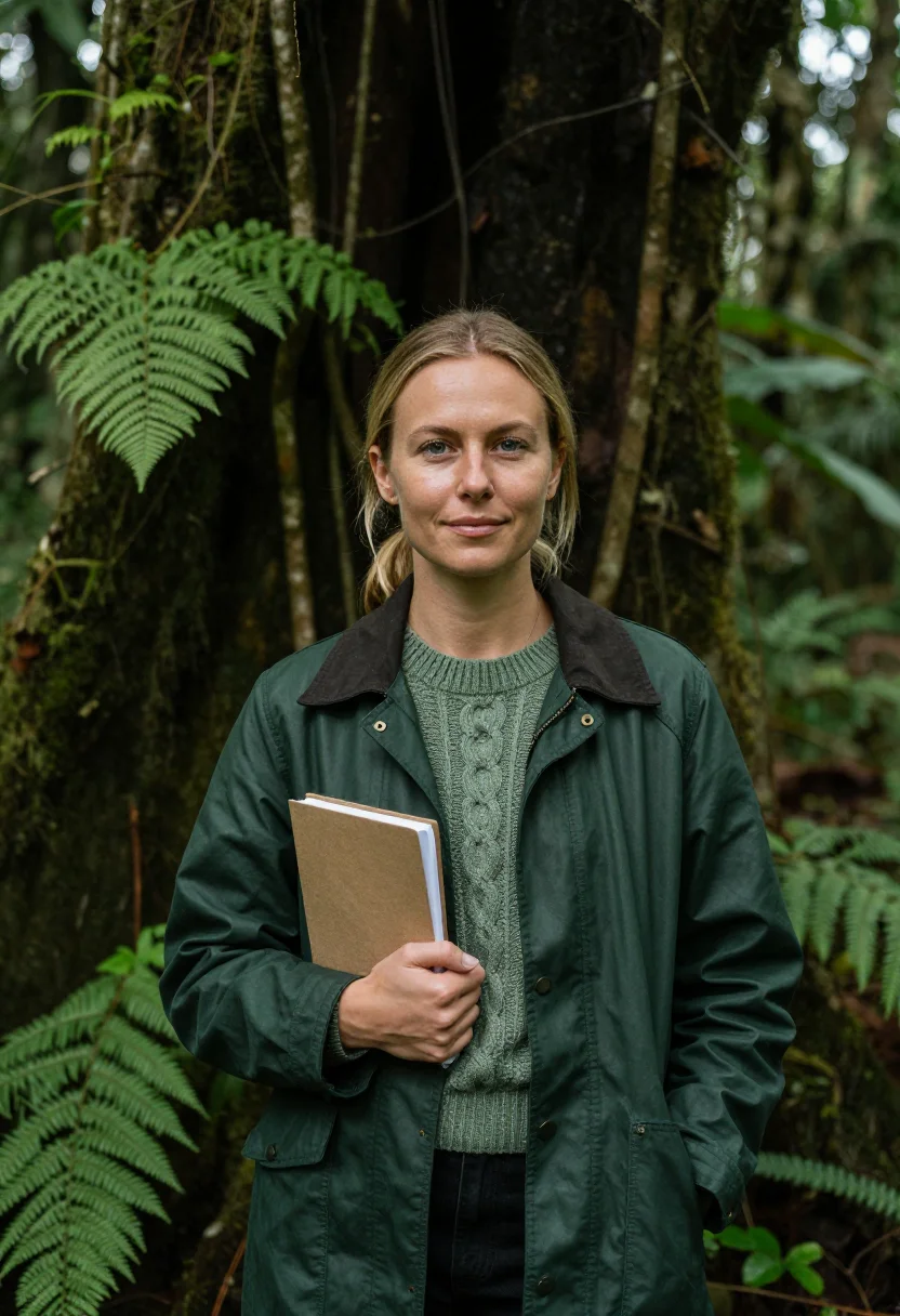 AI bwindi ecologist impenetrable forest green sample — portrait of a woman, an ecologist in her late twenties of Du