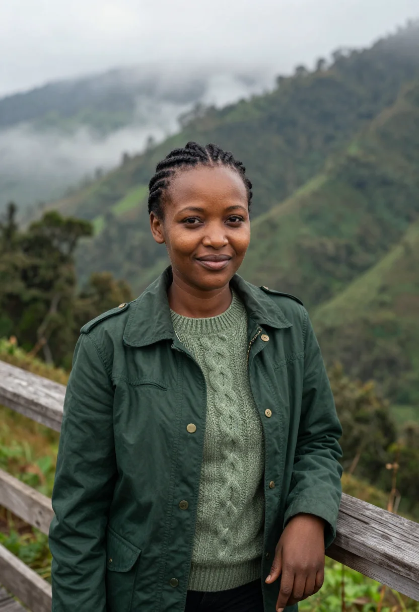 AI bwindi ecologist impenetrable forest green sample — portrait of a woman, an ecologist in her early thirties of R