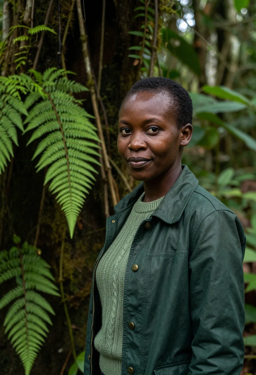 AI bwindi ecologist impenetrable forest green sample — portrait of a woman, an ecologist in her early forties of Co