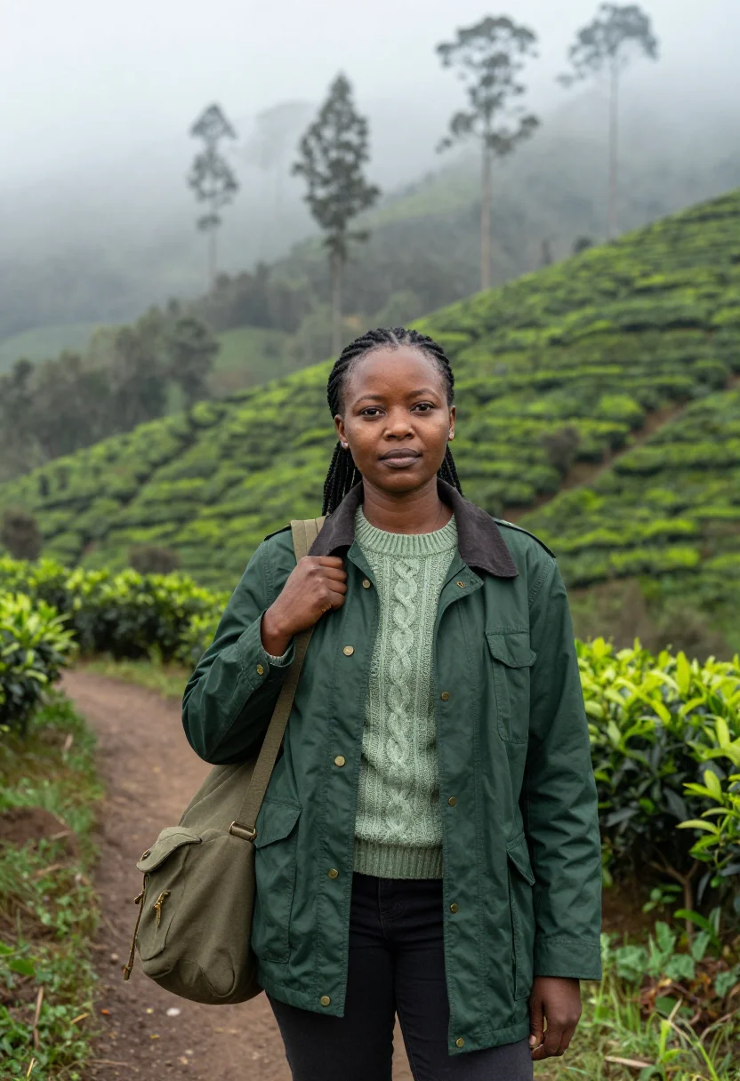AI bwindi ecologist impenetrable forest green sample — portrait of a woman, an ecologist in her mid-forties of Tanz