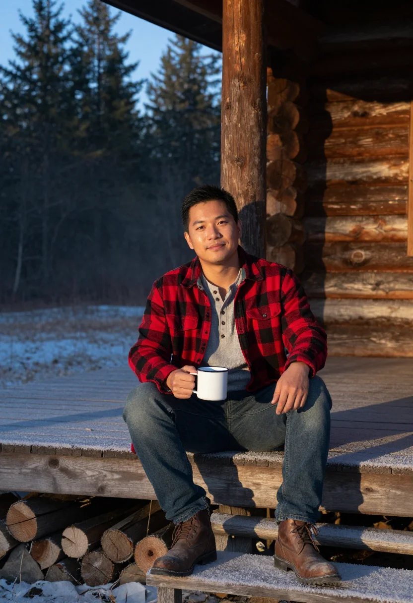 AI cabin weekend sample — portrait of a man, head-to-boot portrait of an East-Asian ma
