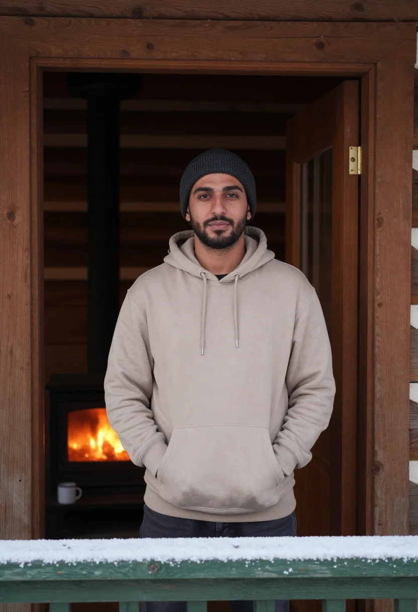 AI cabin weekend sample — portrait of a man, head-to-thigh portrait of a Middle-Easter