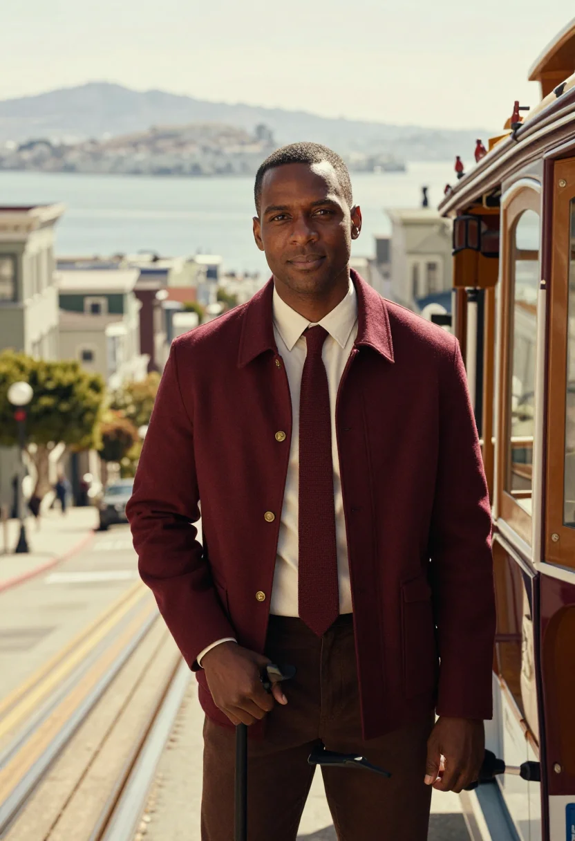 AI cable car gripman maroon cream sample — portrait of a man, framed at half-length, cropped at the hip