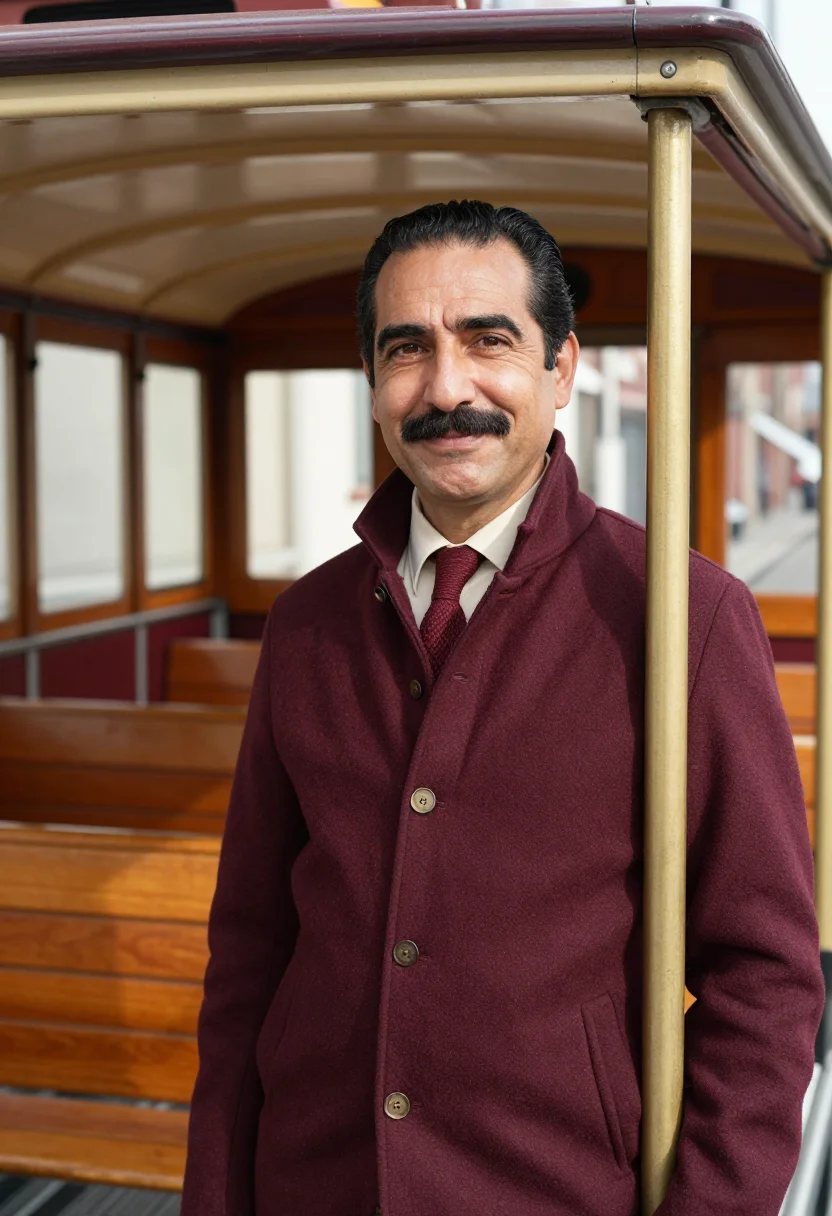 AI cable car gripman maroon cream sample — portrait of a man, framed tight, head and shoulders, the bod