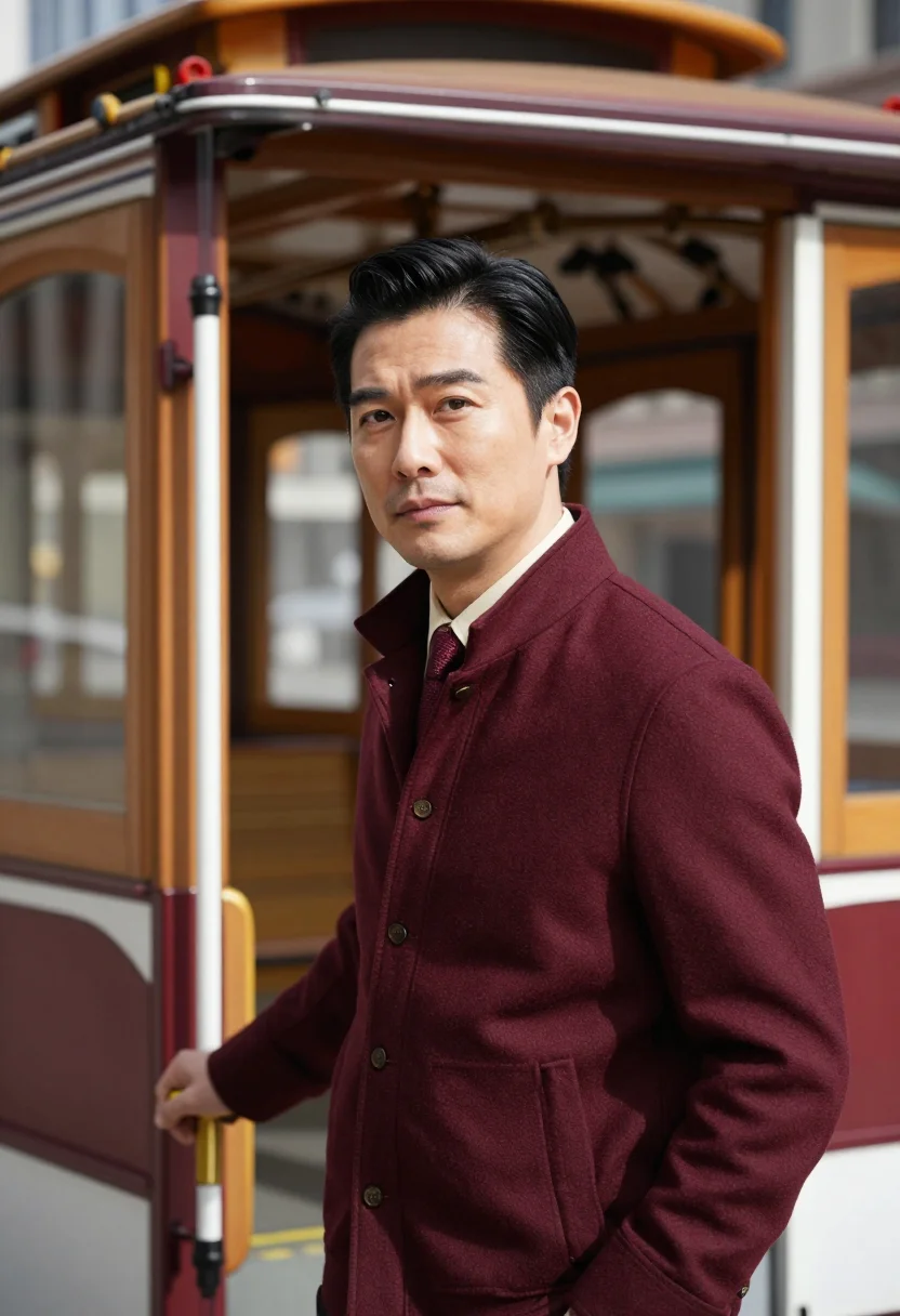 AI cable car gripman maroon cream sample — portrait of a man, framed chest-up, cropped at the ribs, the