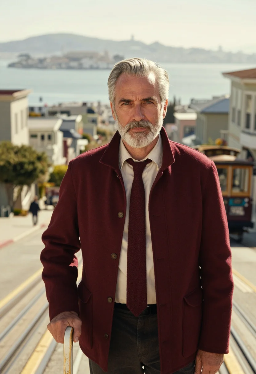 AI cable car gripman maroon cream sample — portrait of a man, framed chest-up, cropped at the ribs, the