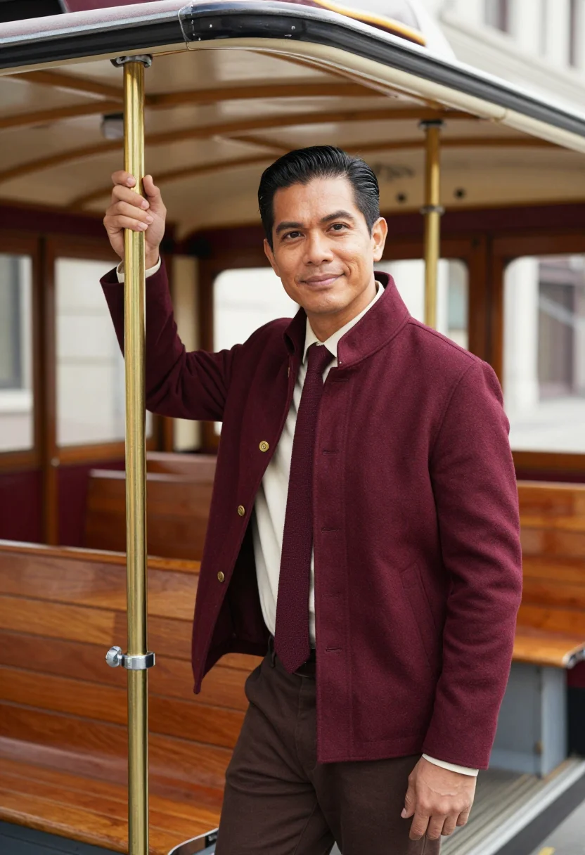AI cable car gripman maroon cream sample — portrait of a man, framed at half-length, cropped at the hip