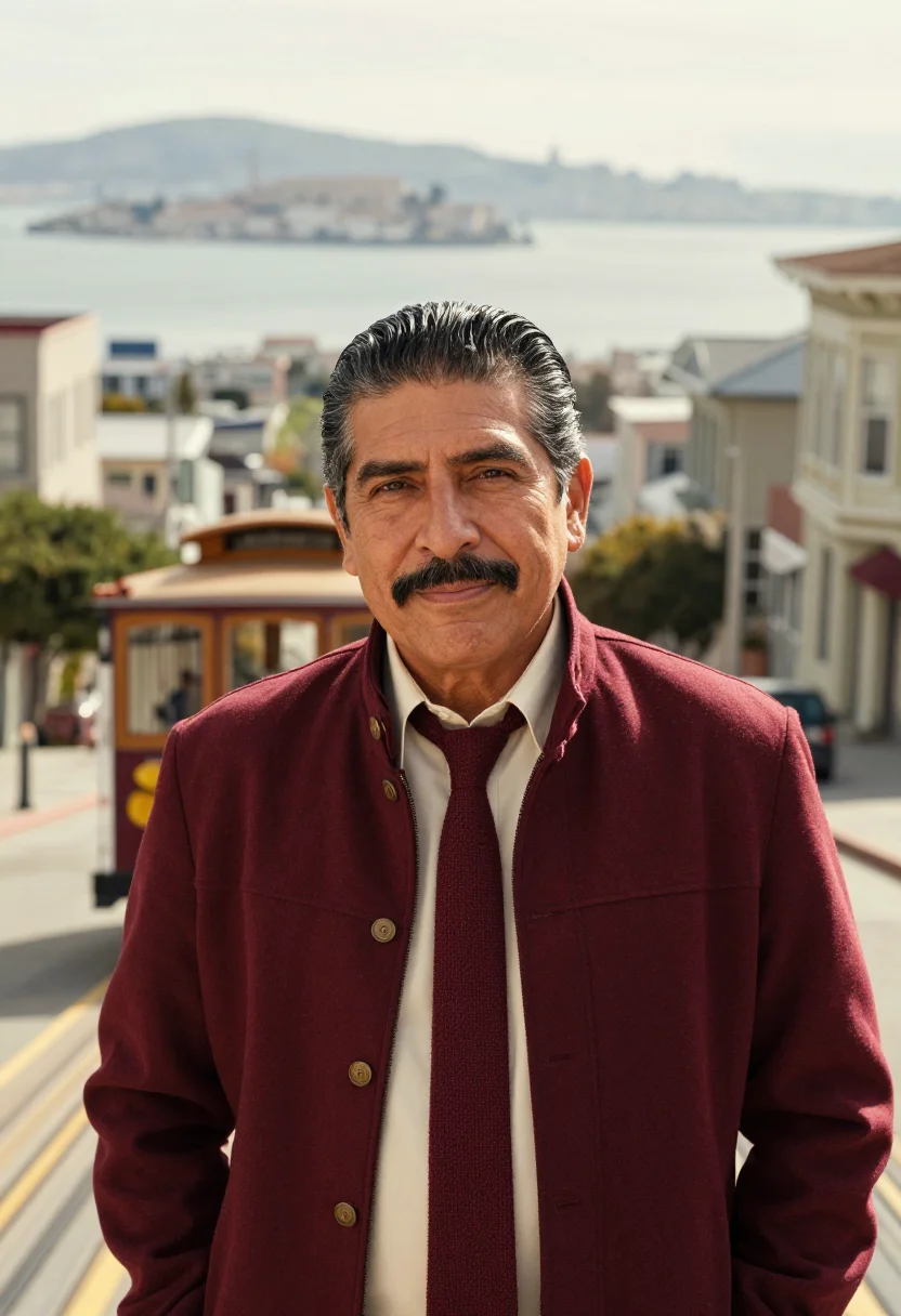 AI cable car gripman maroon cream sample — portrait of a man, framed tight, head and shoulders, the bod