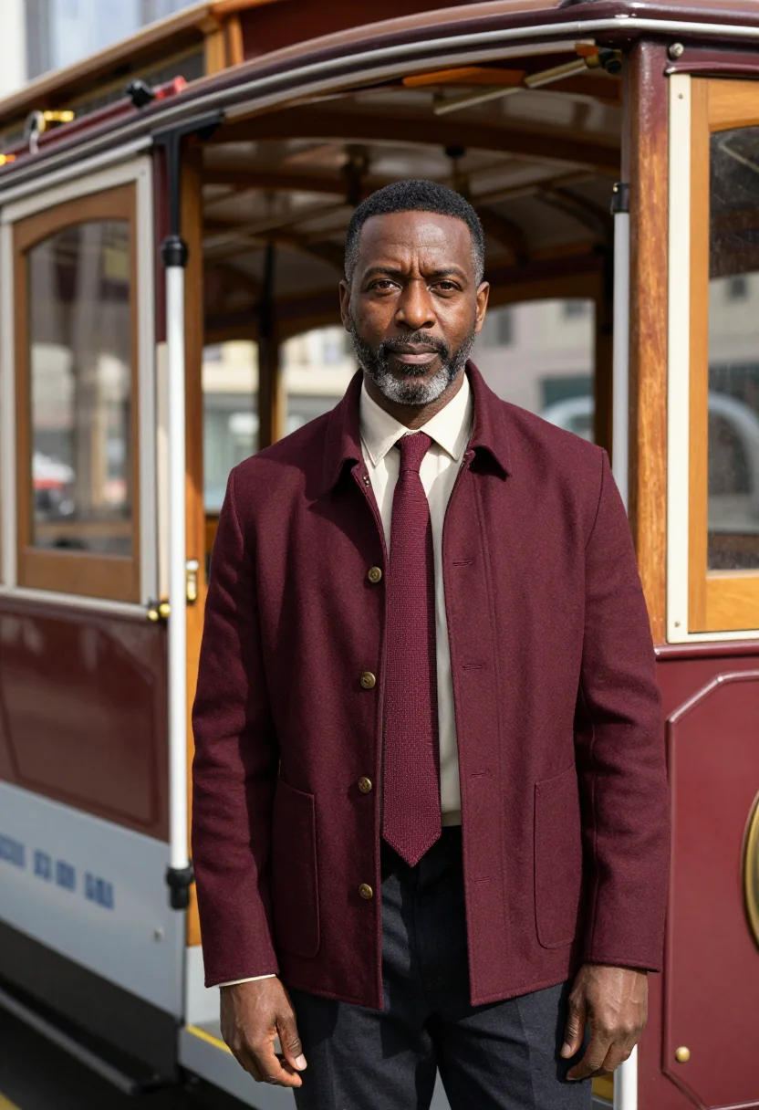 AI cable car gripman maroon cream sample — portrait of a man, framed at half-length, cropped at the hip