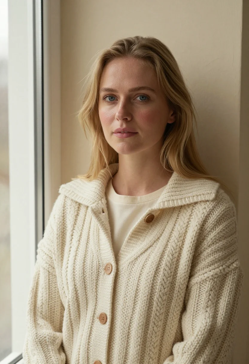 AI cable cardigan profile cream sample — portrait of a woman, framed tight, head and shoulders, the b