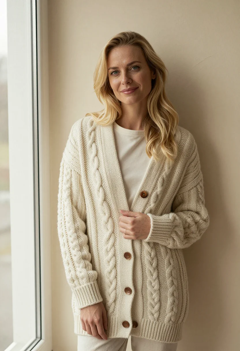 AI cable cardigan profile cream sample — portrait of a woman, framed three-quarter length from the he
